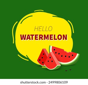 Summer banner with watermelon and text hello summer. Realistic watermelon slices with seeds on a yellow background. Vector illustration.