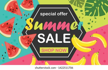 Summer banner with watermelons, bananas and palm leaves with the text "summer sale". Poster, flyer, promotional material. Vector illustration.