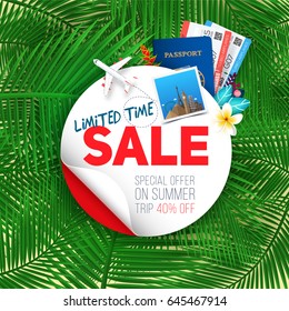 Summer banner with white round label, passport, two airplane tickets and inscription "Limited time sale" on exotic palm leaf background.
