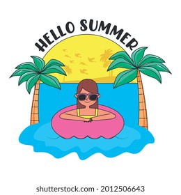 summer banner with woman in the beach cartoon .vector illustration