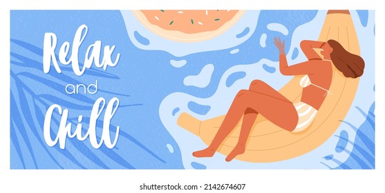 Summer banner with woman in bikini relaxing, swimming on inflatable banana and water pool background. Summertime vacation card with female resting, chilling out. Colored flat vector illustration