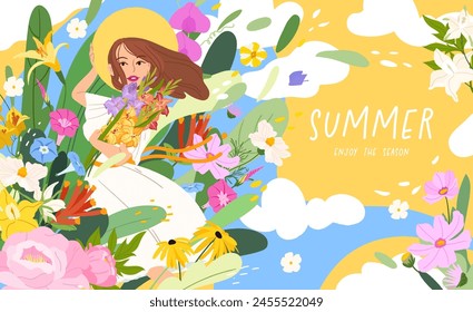 Anuncio de verano con mujer rodeado de flores de jardín en un campo. Bonita tarjeta y afiche, portada de los medios sociales para las vacaciones de primavera. Mostrando la belleza de la naturaleza y la botánica