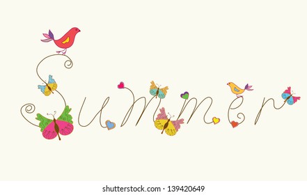 Summer banner word with bird and butterflies funny design