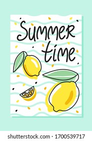 Summer banner with yellow lemons on the white background with the light blue waves and lettering. Water imitation. Design for posters, cards, textile, brochures, flyers. Vector.