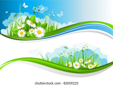 Summer banners with beautiful flowers under a blue sky