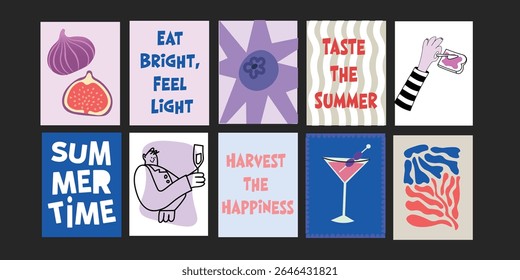 Summer banners with bright flowers, happy people, and fruit-infused drinks.

