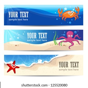 Summer Banners With Cute Sea Characters
