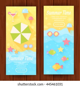 Summer banners with flat travel elements on a sandy beach background with sea waves