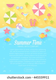 Summer banners with flat travel elements on a sandy beach background with sea waves