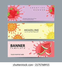 Summer banners fruits horizontal colorful splash vector illustration