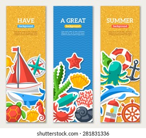 Summer Banners with marine symbols. Vector illustration. Sea leisure sport. Beach sand texture