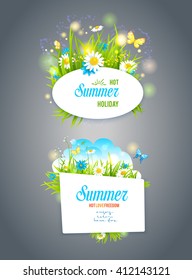 Carteles de verano sobre fondo oscuro. Plantillas naturales para banner de diseño, invitación, boleto, folleto, tarjeta, afiche, etc. Colocar el texto.