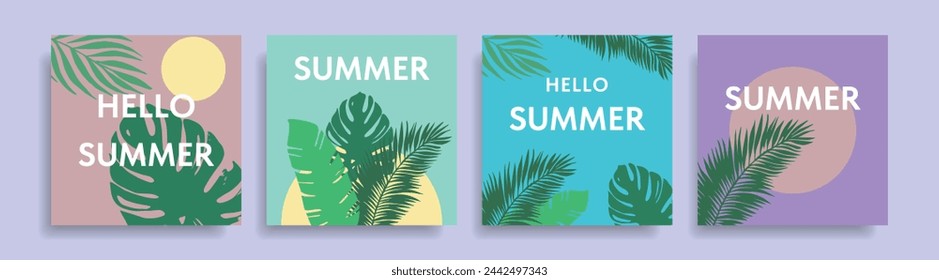 Summer banners, posters, covers with abstract tropical leaves and typography. Tropical summer in a minimalist style. Vector.