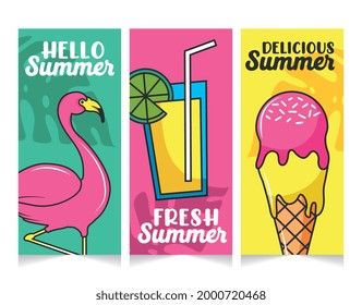 summer banners set with fresh juice and delicious ice cream. hello summer