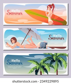 Summer banners set. Girl on the beach, active rest. Summer vacation at sea, beach vibe, holidays. Summer background for poster, flyer, advertising