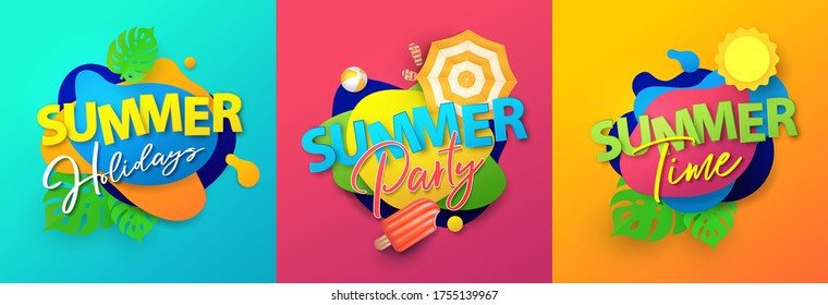 Summer banners set with liquid gradient shapes, tropical leaves, ice cream, umbrella, flip flops, ball.  Special offer design for advertisement, social media, web. Summer party, holiday, sale design