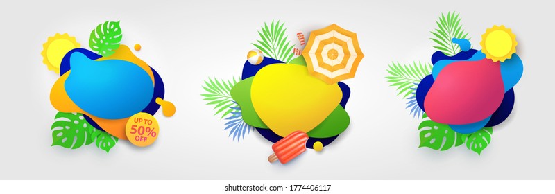 Summer banners set with liquid gradient shapes, tropical leaves, ice cream, umbrella, flip flops, ball.  modern design for advertisement, social media, web. Summer party, holiday, sale. Place for text