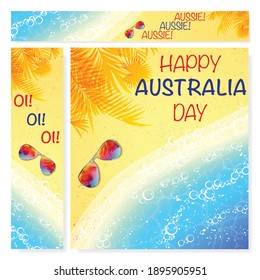 Summer banners set with palms shadow, beach sand and sea water. Happy Australia Day sample banners and posters