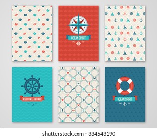 Summer Banners Set. Pattern and Labels with Nautical and Marine Symbols. Vector illustration. Save the Date Cards Design Concept.