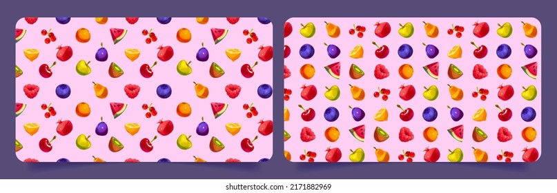 Summer banners template with pattern of fruit and berries. Abstract poster backgrounds with healthy fresh organic food, apple, lemon, cherry, raspberry and watermelon slices, vector illustration