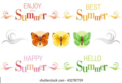 Summer banners with text, swirls and butterfly icons