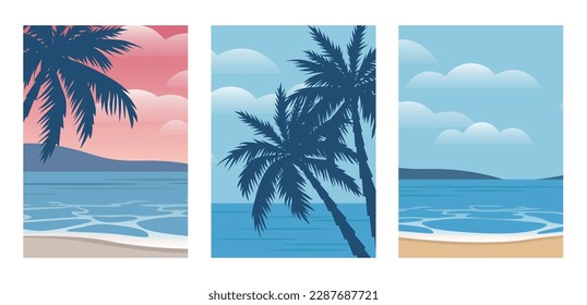 Summer banners, tropical backgrounds set with palms, sea, clouds, sky, beach. Beautiful summer time cards, posters, flyers, party invitations. Summertime vector template collection.