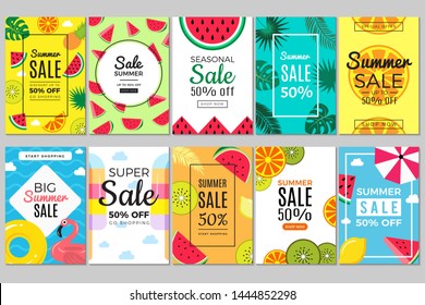 Summer banners. Tropical colored vacation pictures flyer cards with watermelon and flamingos, swimming circle and parasol for summer promotion sales vector template set