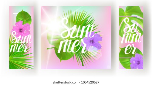 Summer banners with tropical leaves and flowers. Vector illustration. Pastel tones