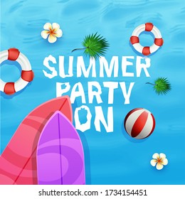 Summer banners,Hello Summer party,Tropical Leaves on Ocean Blue Background. Exotic Plants, Flower, Sunglasses and Ship