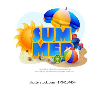 Summer banners,Hello Summer party,Tropical Leaves on Ocean Blue Background. Exotic Plants, Flower, Sunglasses and Ship