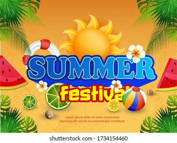 Summer banners,Hello Summer party,Tropical Leaves on Ocean Blue Background. Exotic Plants, Flower, Sunglasses and Ship