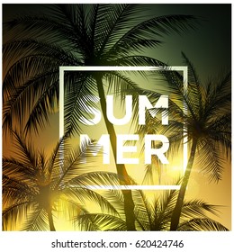 Summer banner.Summer word on frame Background with palm trees. Vector illustration. Hello Summer Holiday backdrop.