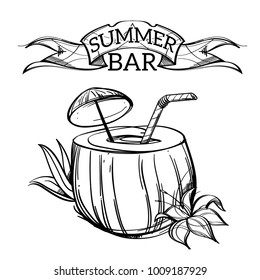 Summer bar. Coconut cocktail with umbrella and straw. Outline vector illustration isolated on white background for menu design, advertising, coloring.