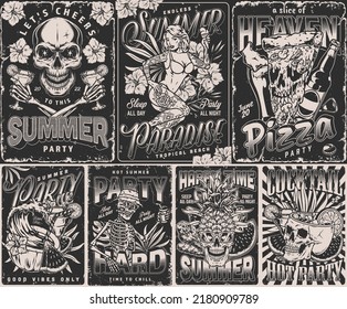 Summer bar set vintage flyers monochrome woman sunbathing on beach and cold snacks with cocktails for night party vector illustration