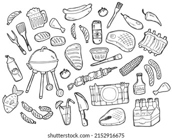 Summer barbecue backyard party doodle set. Various meals, drinks, ingredients and decoration elements. Vector illustration isolated over white background.