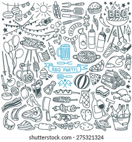 Summer  barbecue backyard party doodle set. Various meals, drinks, ingredients and decoration elements.  Vector illustration isolated over white background.