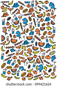 Summer barbecue backyard party doodle set. Various meals, drinks, ingredients and decoration elements. Vector illustration