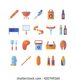 Summer barbecue and grill colorful flat icon set.