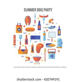 Summer barbecue and grill concept flyer. Colorful flat vector illustration
