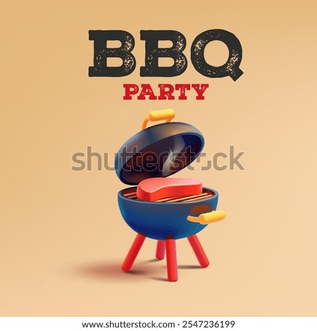 Summer barbecue party. 3D open grill with meat, and smoke. Celebration on the street. Cooking delicious food. Rest in nature. Vector illustration.