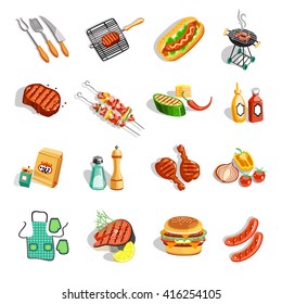 Summer barbecue party flat icons collection with grilled chicken drumsticks sausage and sauces abstract isolated vector illustration 