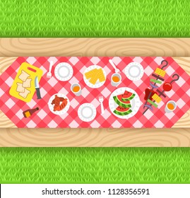 Summer Barbecue Picnic Background. Vector Flat Illustration. Outdoor Party Banner. Grilled Sausages, Corn, Watermelon, Vegetables On Skewers. BBQ Food In Plastic Plates On Wooden Table With Tablecloth