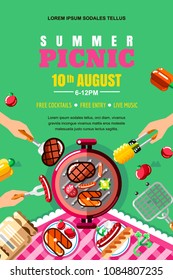 Summer Barbecue Picnic, Vector Poster, Banner Layout. Top View BBQ Grill With Steak, Fish And Human Hands With Forks And Food. Outdoors Weekend And Holiday Background.