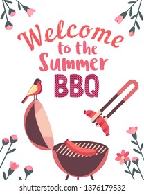 Summer barbecue picnic vector welcome poster. Grilled smoked sausages on grill cute cartoon. BBQ grill hand drawn vector. Summer season outdoors concept background. Scandinavian cartoon illustration