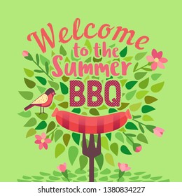 Summer barbecue picnic vector welcome poster. Grilled smoked sausage on long metal skewer. BBQ grill hand drawn vector. Summer season outdoors concept background. Scandinavian cartoon illustration
