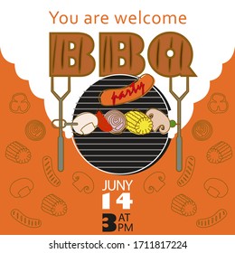 Summer barbecue vector background invitation. Hand drawn line vector card