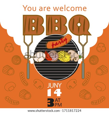 Summer barbecue vector background invitation. Hand drawn line vector card