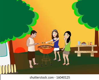 Summer barbeque backyard scene