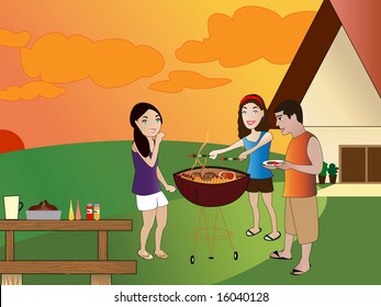 Summer barbeque backyard scene