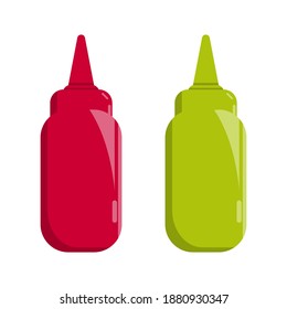 Barbacoa de verano con botellas de ketchup y salsa de mostaza. Vector EPS10 ilustración de iconos planos sobre fondo blanco aislado. 